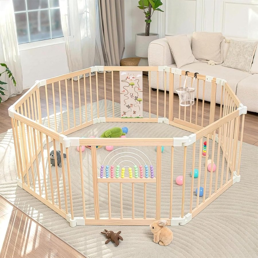 Ulnxiy foldable wooden baby playpen, 56 by 56 by 24 inch, 8-panel compact model