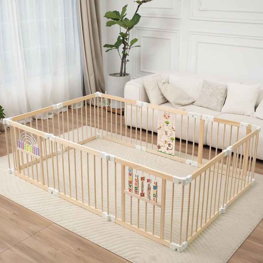 Ulnxiy foldable wooden baby playpen, 84 by 56 by 24 inch, 10-panel large model